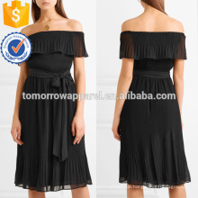 Off-The-Shoulder Kurzarm Schwarz Plissee Midi Sommer Tägliches Kleid Herstellung Großhandel Mode Frauen Bekleidung (TA0074D)